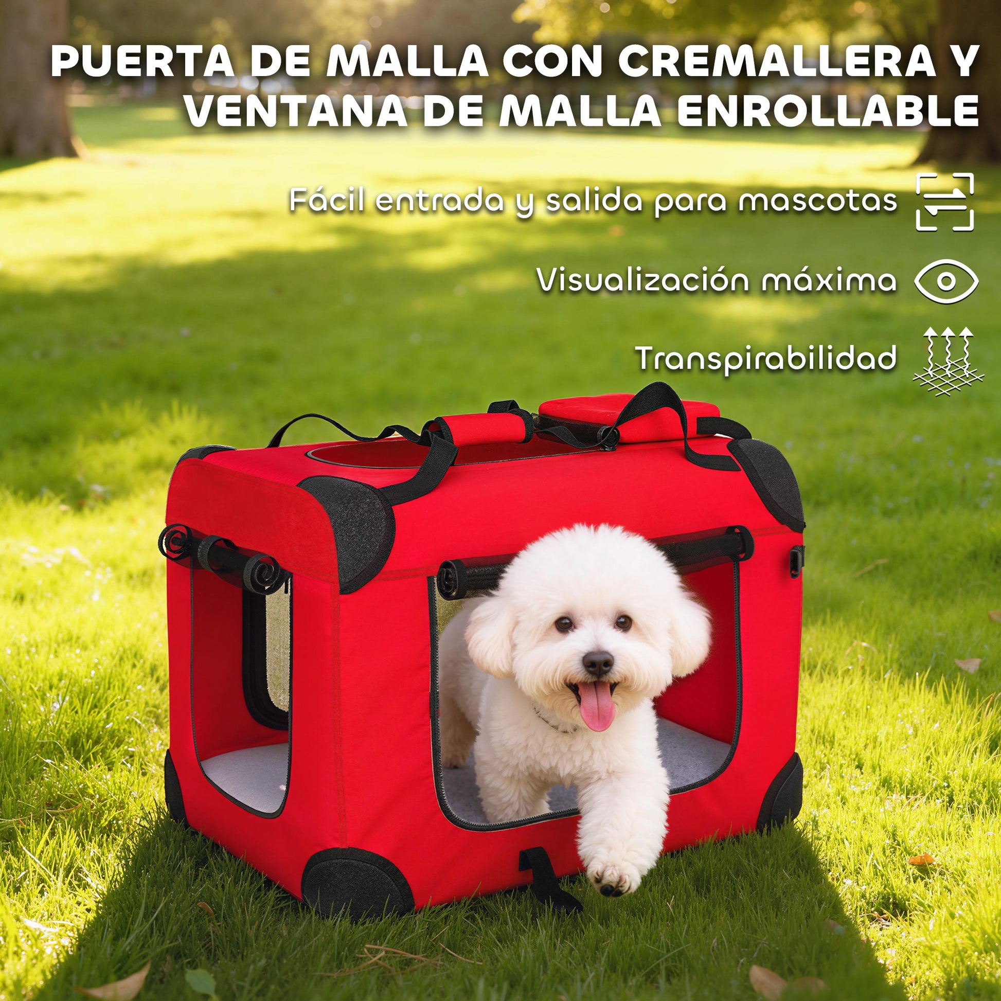 Pawhut Transportín Perro Gato Plegable 60x41,5x41 Cm Con Puertas Cojín Rojo_5
