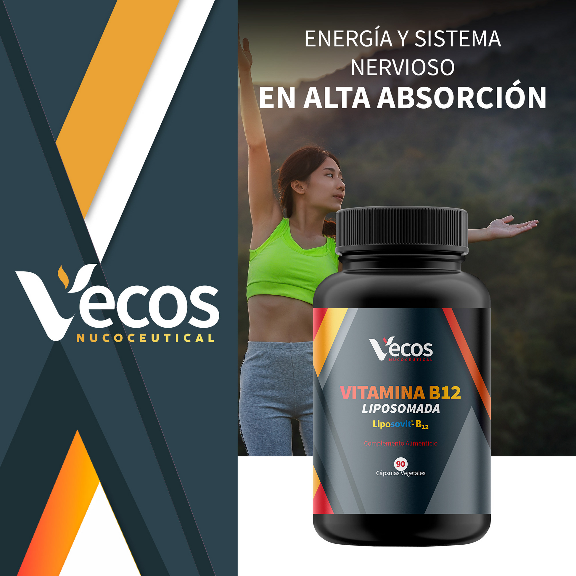 Vitamina B12 1000 Μg Liposomal Vecos 90 Cápsulas | Energía Y Reducción Del Cansancio | Metilcobalamina Pura_1