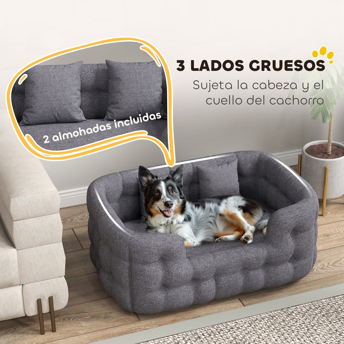 Pawhut Cama Para Perros Medianos Con 2 Almohadas Antideslizante 90x60x35cm Gris_4