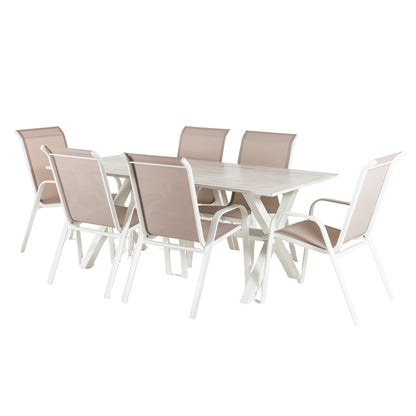 Conjunto Para Jardín Color Blanco, Mesa Grande De 190 Cm Y 6 Sillones Apilables, Aluminio Reforzado, 6 Plazas_0