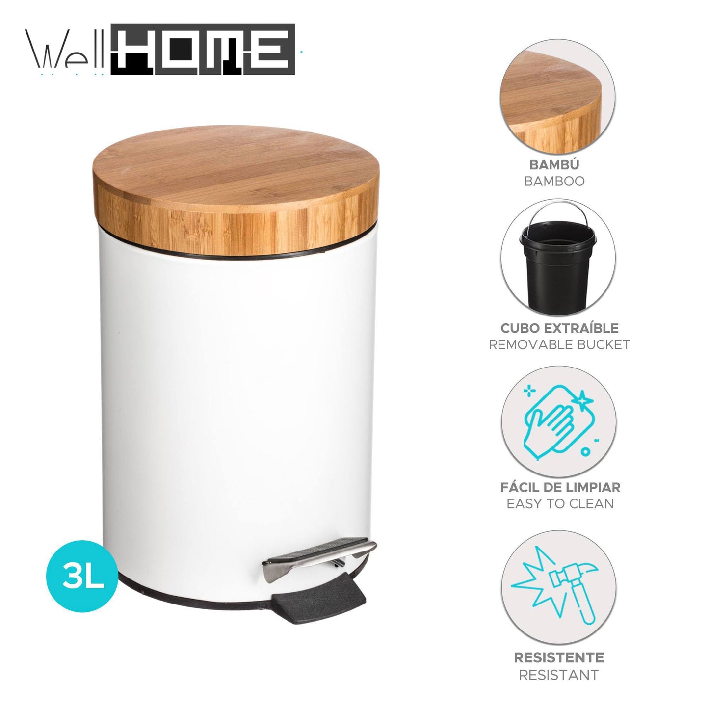 Well Home Papelera Metálica 3l Diseño En Bambú 'natureo' Ideal Para Baño O Escritorio