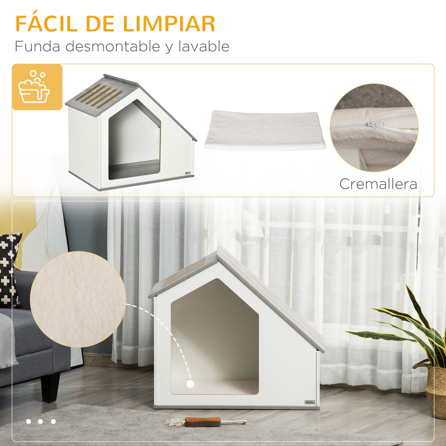 Pawhut Caseta De Madera Para Perros Interior Cojín Lavable 84,5x54,5x75cm Blanco_5
