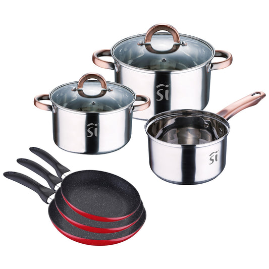 Set 8 Pzs (batería De Cocina Onil 5 Pzs + Set 3 Sartenes Navy Red & Marble 16+20+24cm)_0
