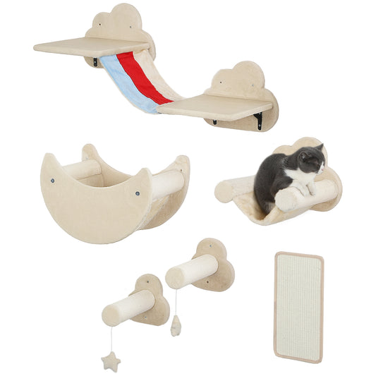 Pawhut Juego De Pared De Escalada Para Gatos 6 Piezas Con Hamacas Plataformas_0