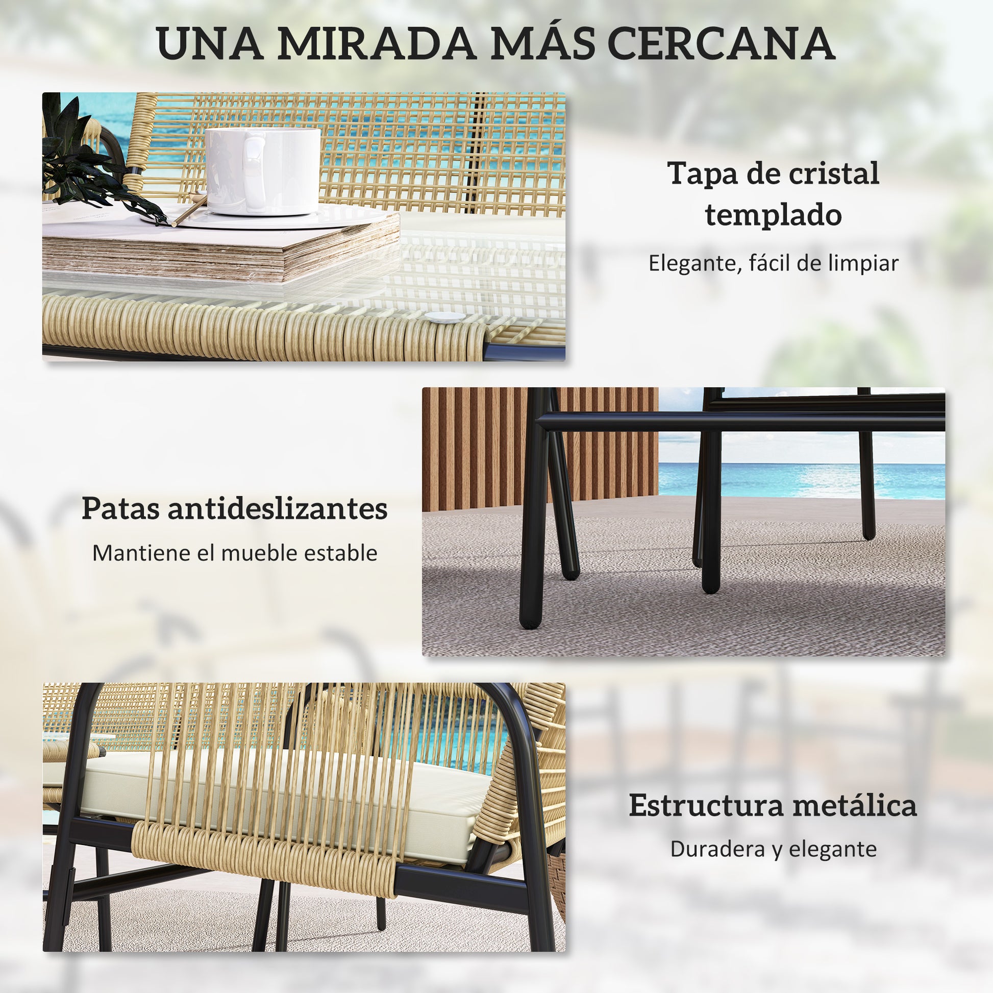 Outsunny Conjunto De Jardín De Ratán Sintético De 4 Piezas Natural Y Negro_5