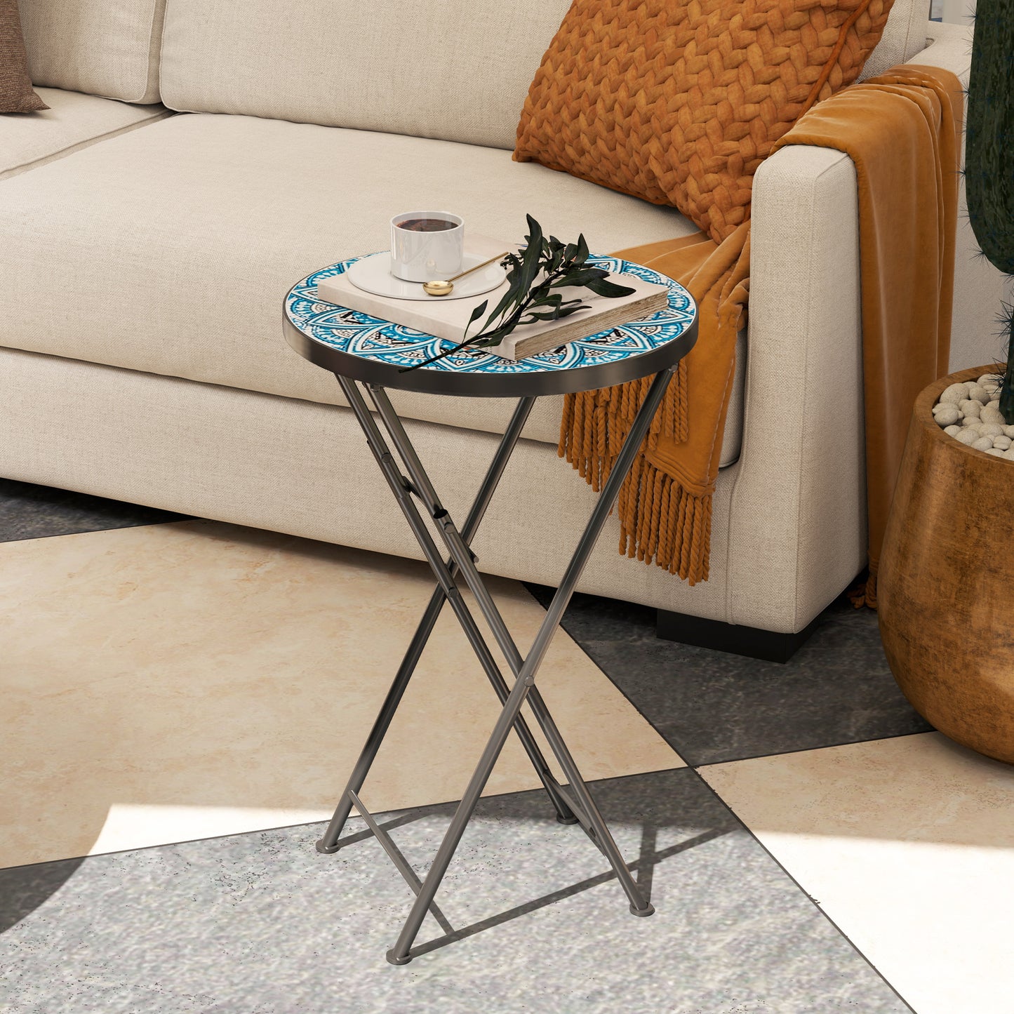 Outsunny Mesa Auxiliar Redonda Plegable Con Encimera De Mosaico Azul_1
