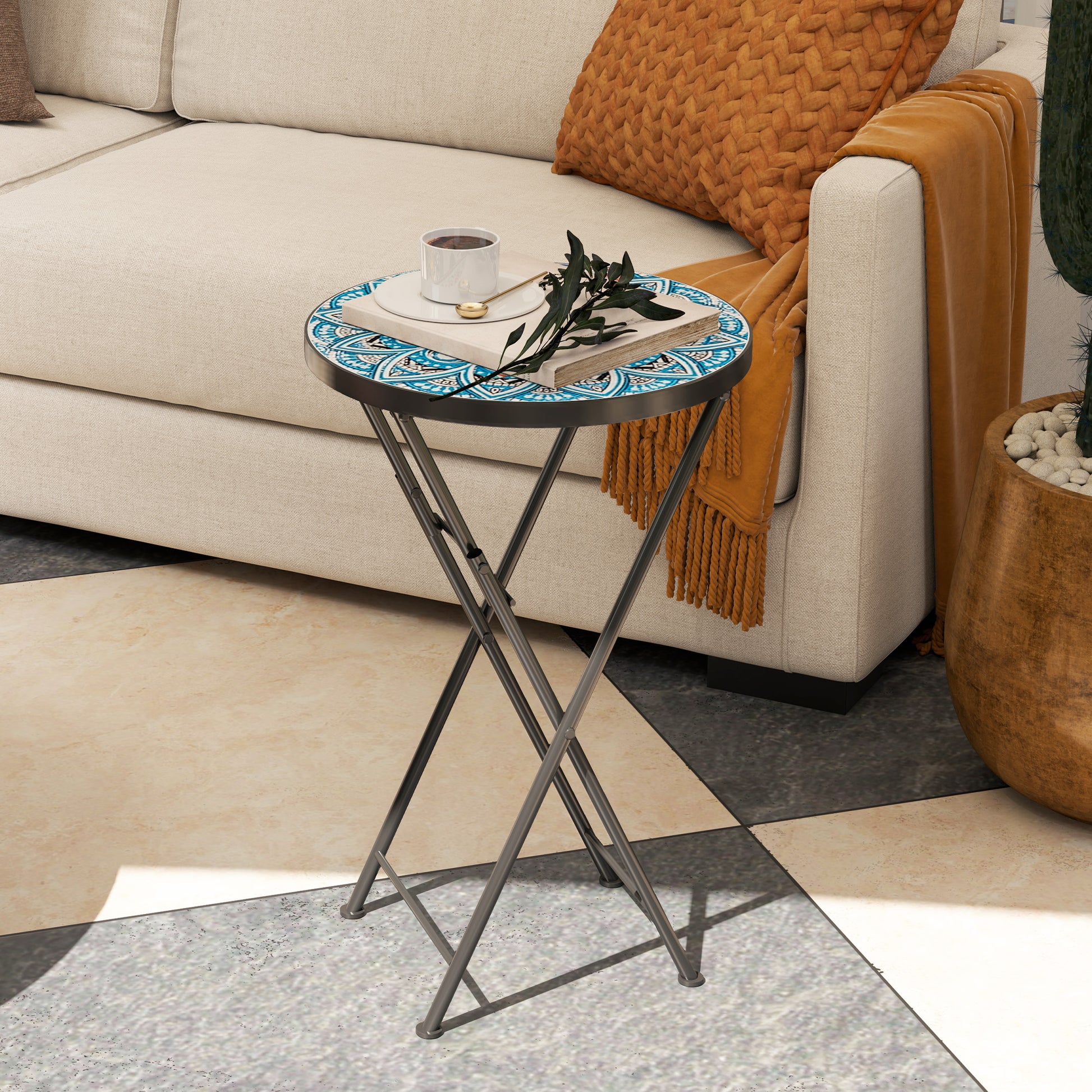 Outsunny Mesa Auxiliar Redonda Plegable Con Encimera De Mosaico Azul_1