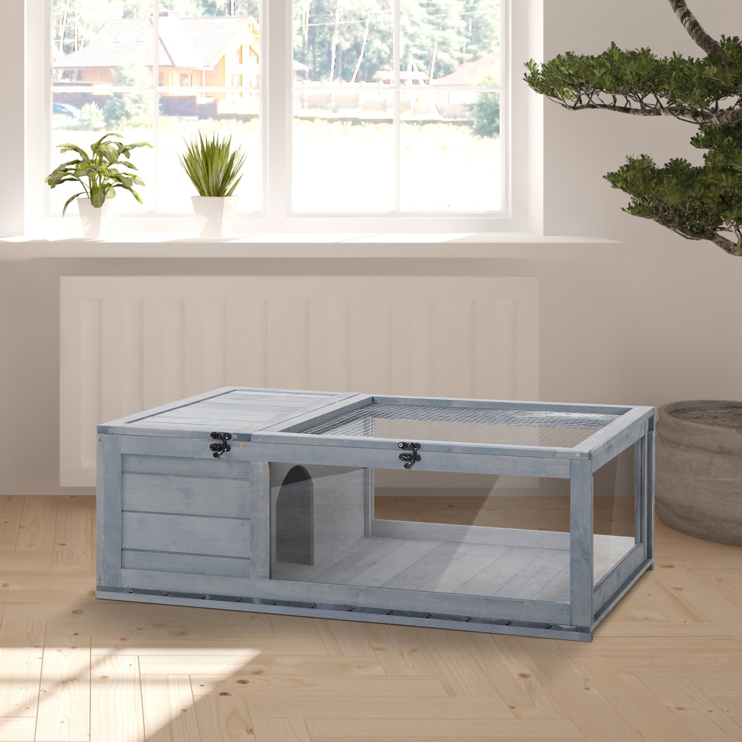 Pawhut Casa Para Tortugas Con Techo De Malla Y Pestillo De Seguridad Gris_1