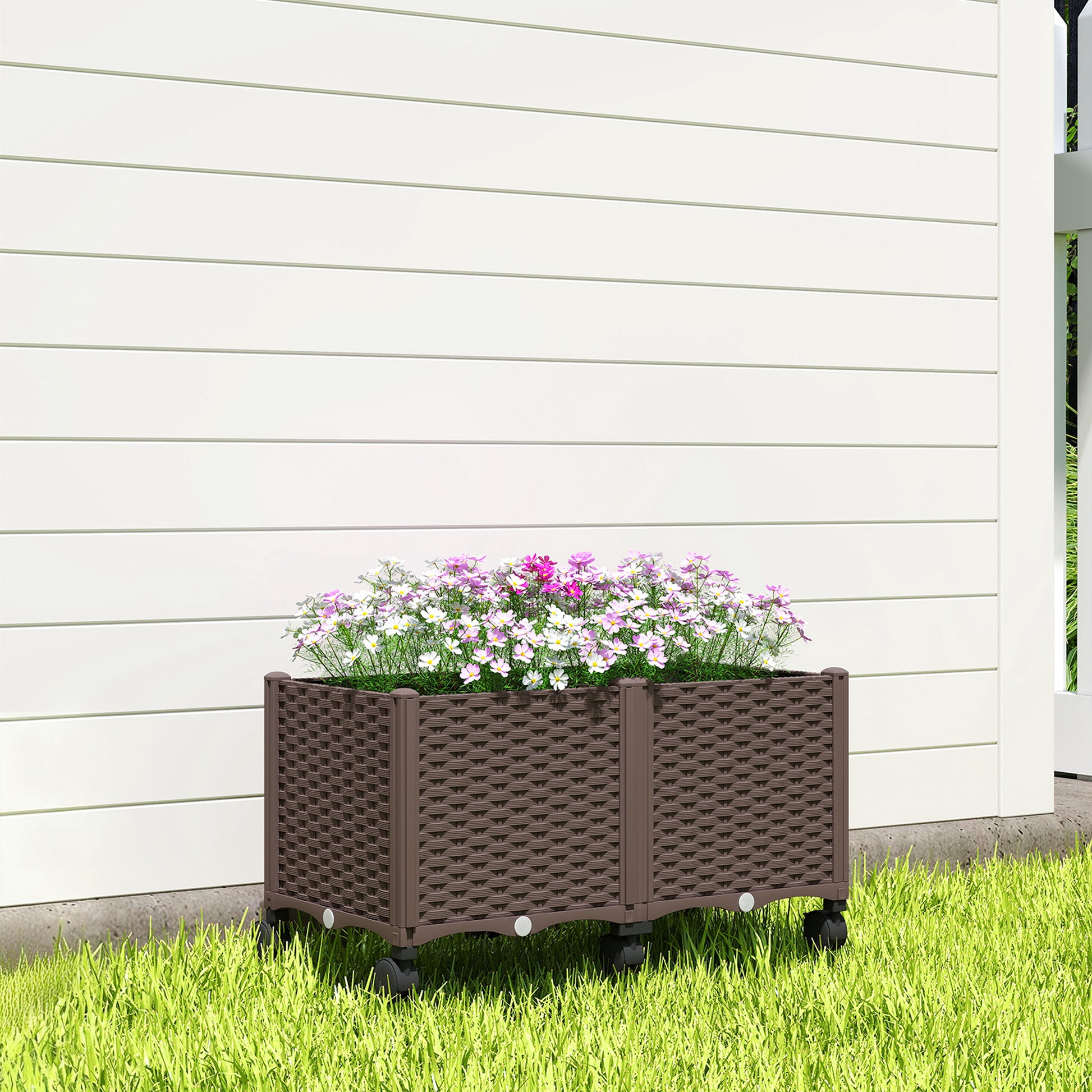Outsunny Jardinera Elevada Con 6 Ruedas Riego Automático Y Drenaje Marrón_3