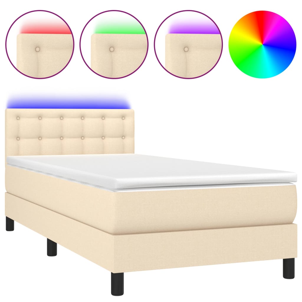 Cama Box Spring Colchón Y Luces Led Tela Crema 100x200 Cm / Vetonek_0