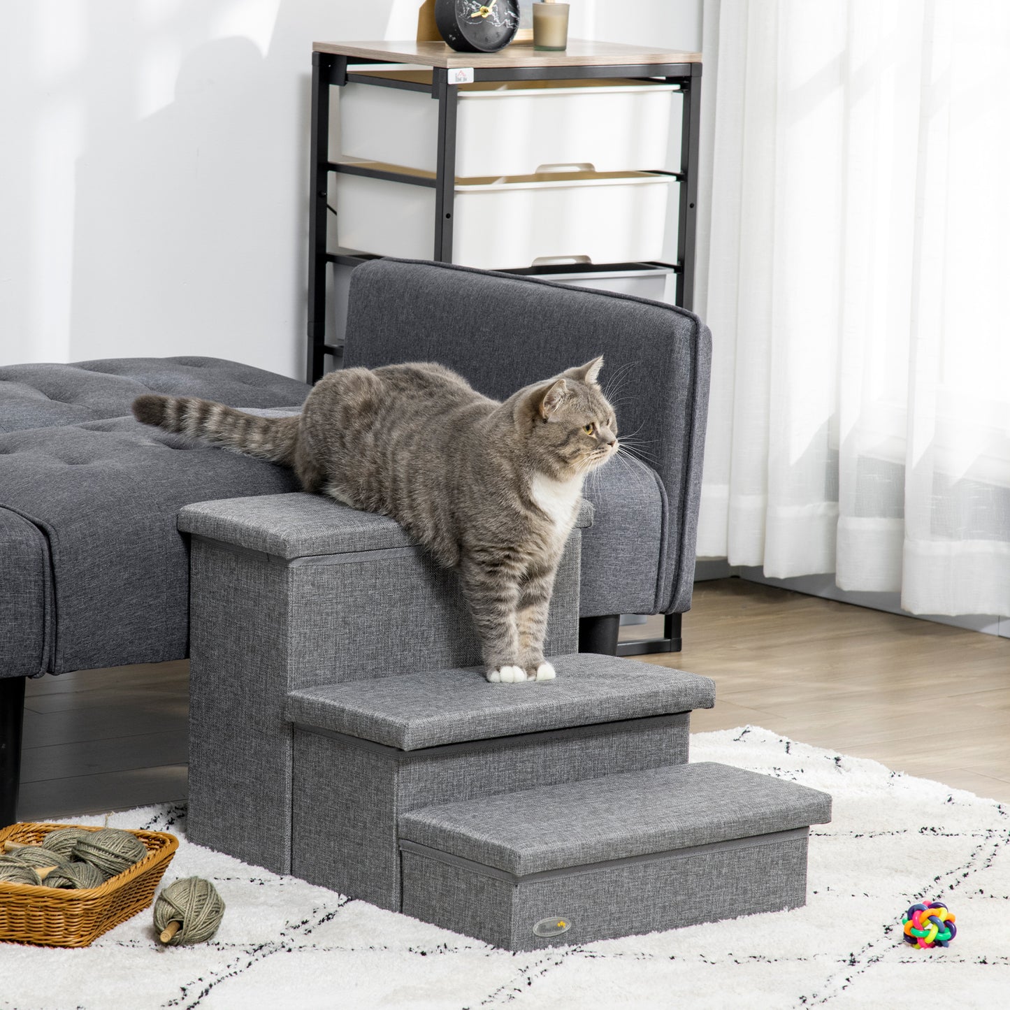 Pawhut Escalera Para Mascotas De 3 Peldaños Con Espacio 63,5x42,5x40,5 Cm Gris_1