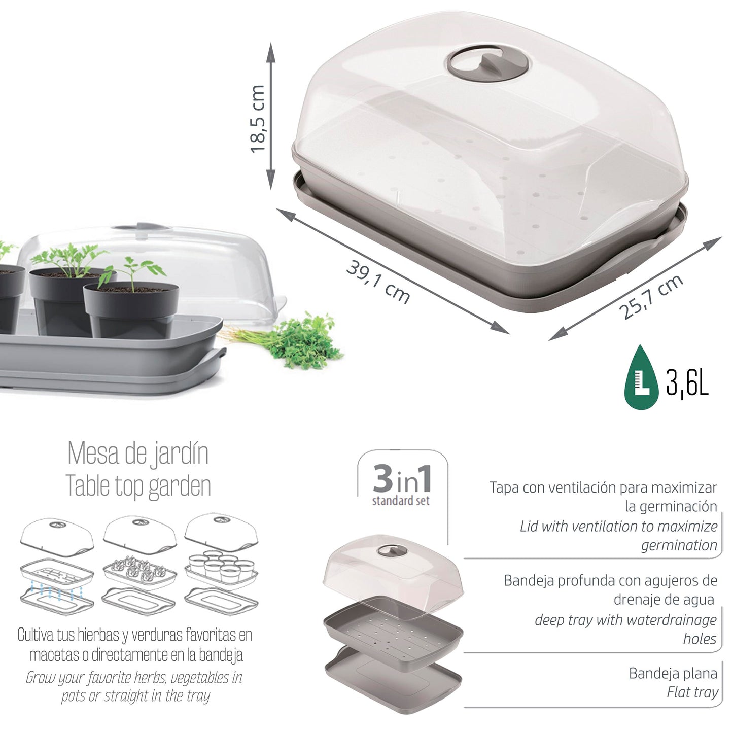 Semillero/bandeja Multiusos Respana Table Greenhouse 3,6l., Dimensiones (mm) 391x257x185, Color Gris Piedra