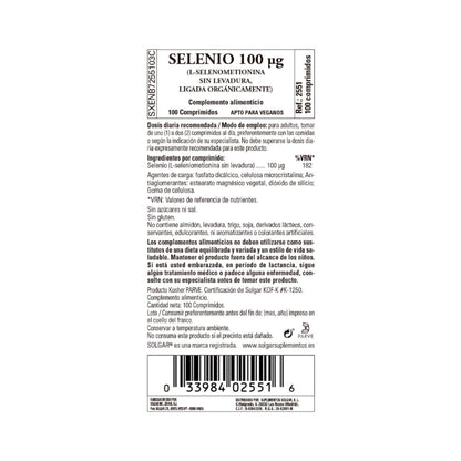 Selenio (Sin Levadura) 100 comprimidos de 100mg Solgar