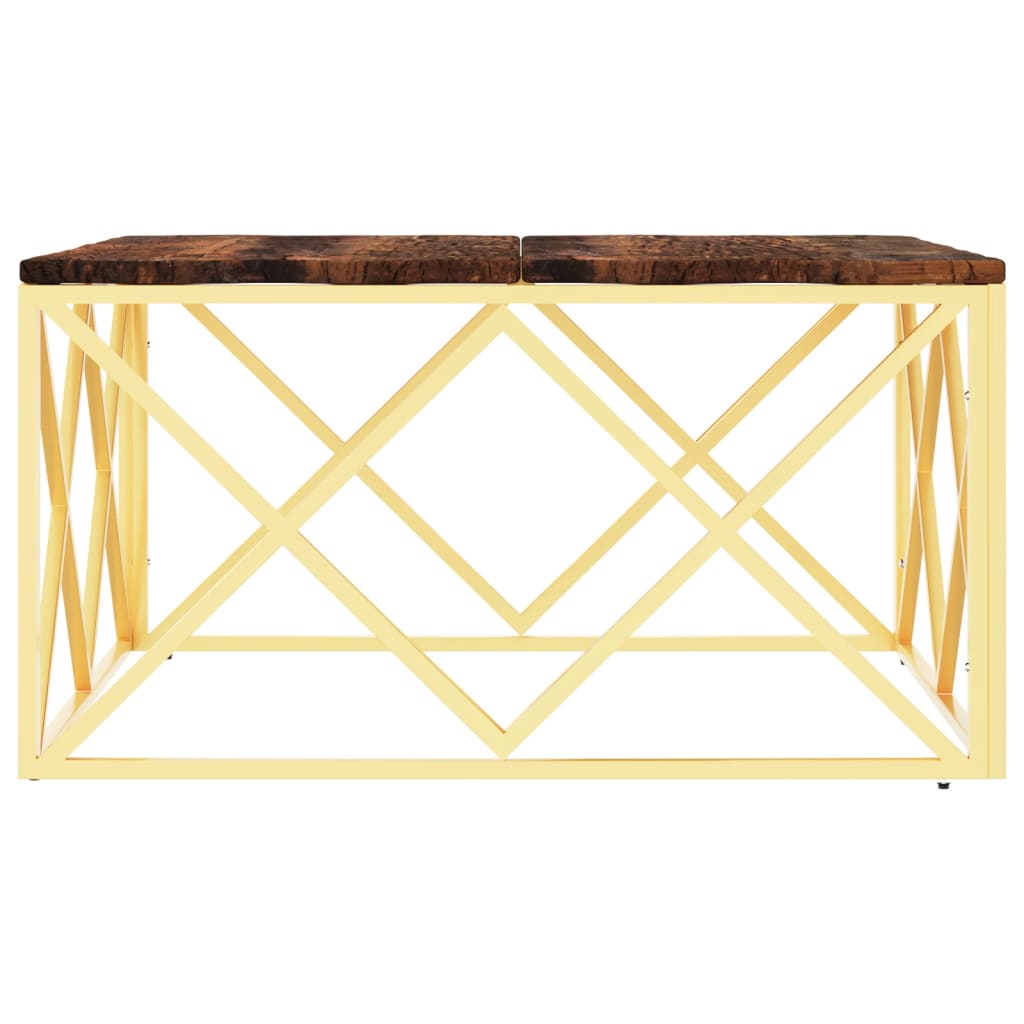 Mesa De Centro Acero Inoxidable Madera Maciza Reciclada Dorada_2
