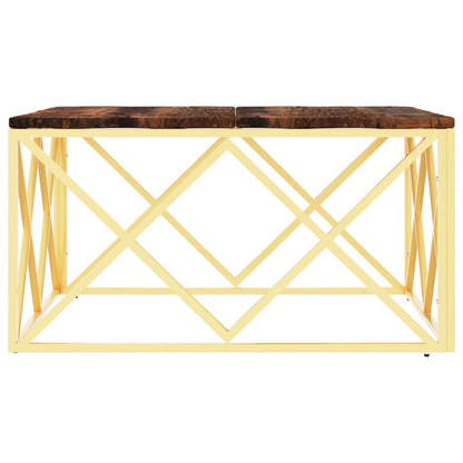 Mesa De Centro Acero Inoxidable Madera Maciza Reciclada Dorada_2
