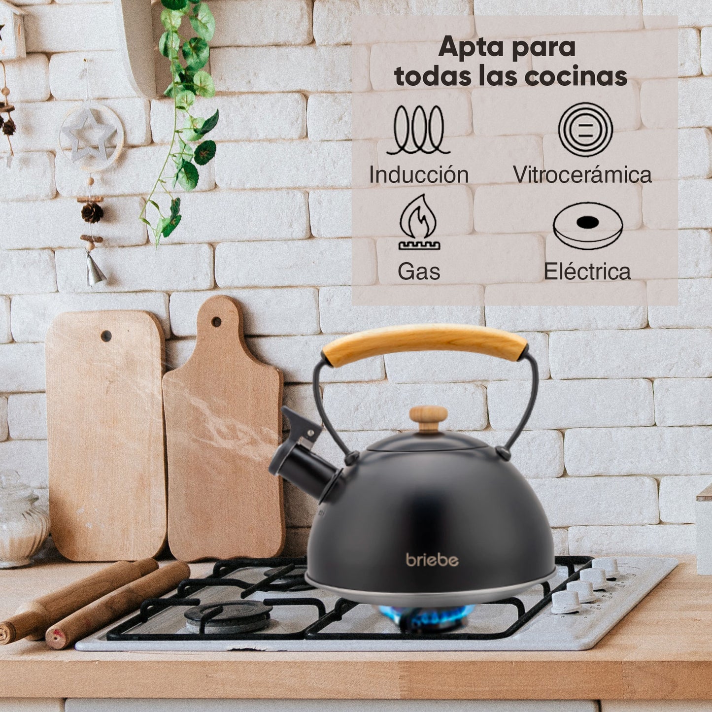 Tetera Con Silbato, Hervidor De Agua 2,5l, Inducción, Acero Inox, Vintage, Mango Madera, Briebe, Wooden, Negro