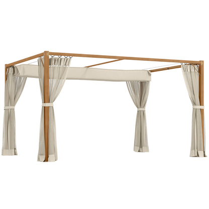 Outsunny Pérgola De Jardín 4x3 M Con Techo Retráctil Mosquiteras Natural_0