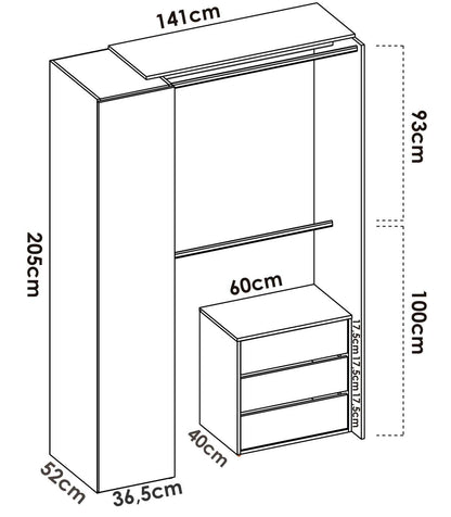 Vestidor Rus Con Columna Cerrada Cortina Cajonera Y Baldas En Blanco 205 Cm(alto)140,8 Cm(ancho)52 Cm(fondo)_3