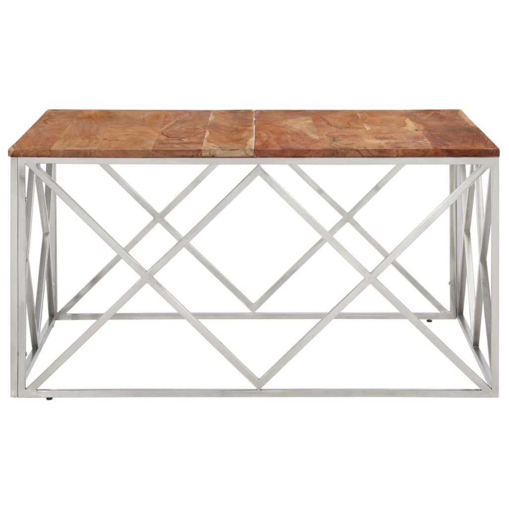 Mesa De Centro Acero Inoxidable Plateado Y Madera Maciza Acacia_2