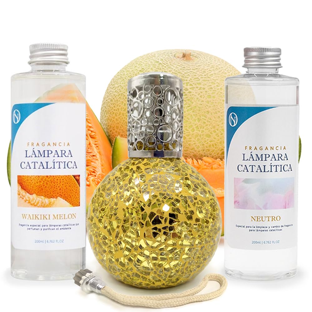Pack Ahorro Lámpara Catalítica Mosaico Dorado + Fragancia Waikiki Melon 500ml + Limpiador Neutro 200ml + Mecha Repuesto_0