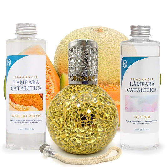 Pack Ahorro Lámpara Catalítica Mosaico Dorado + Fragancia Waikiki Melon 500ml + Limpiador Neutro 200ml + Mecha Repuesto_0