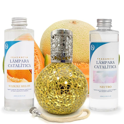 Pack Ahorro Lámpara Catalítica Mosaico Dorado + Fragancia Waikiki Melon 200ml + Limpiador Neutro 200ml + Mecha Repuesto_0