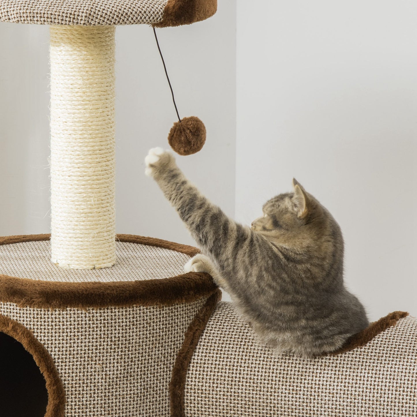 Pawhut Árbol Rascador Para Gatos Mediano 104 Cm Con Barril Cama Y Postes Marrón_4