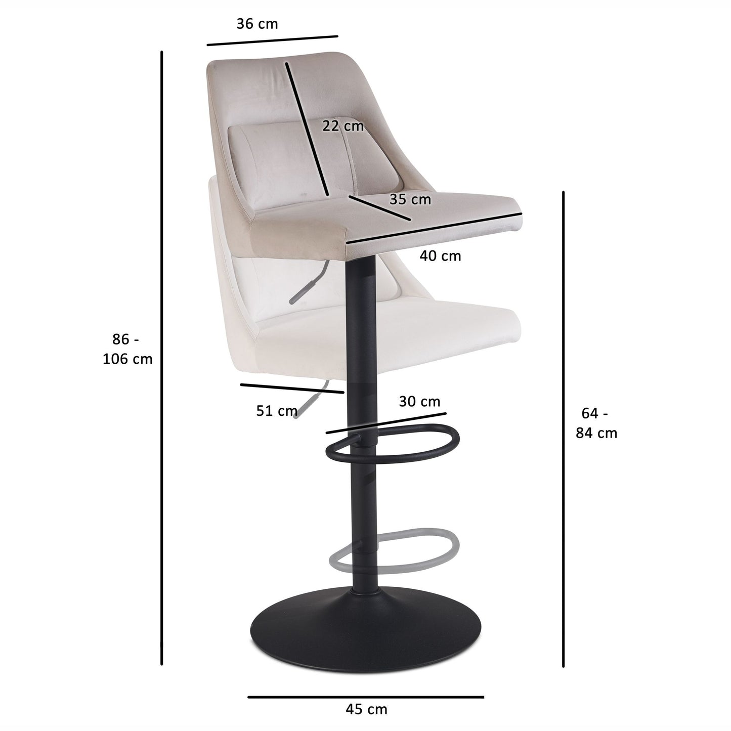 Taburete De Bar, Terciopelo Beige Con Respaldo 86 - 106 Cm_3