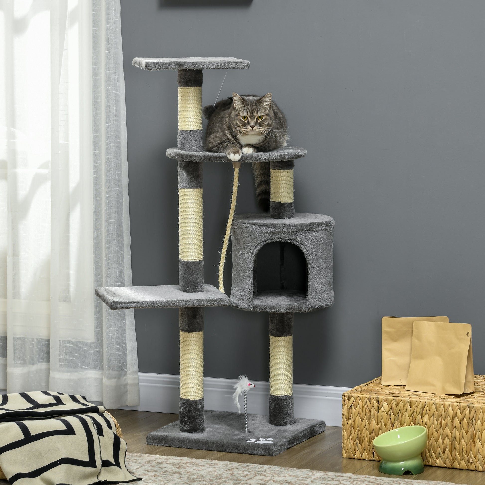 Pawhut Rascador Para Gatos Altura 116cm Con Postes De Sisal Cueva Y Plataformas_1