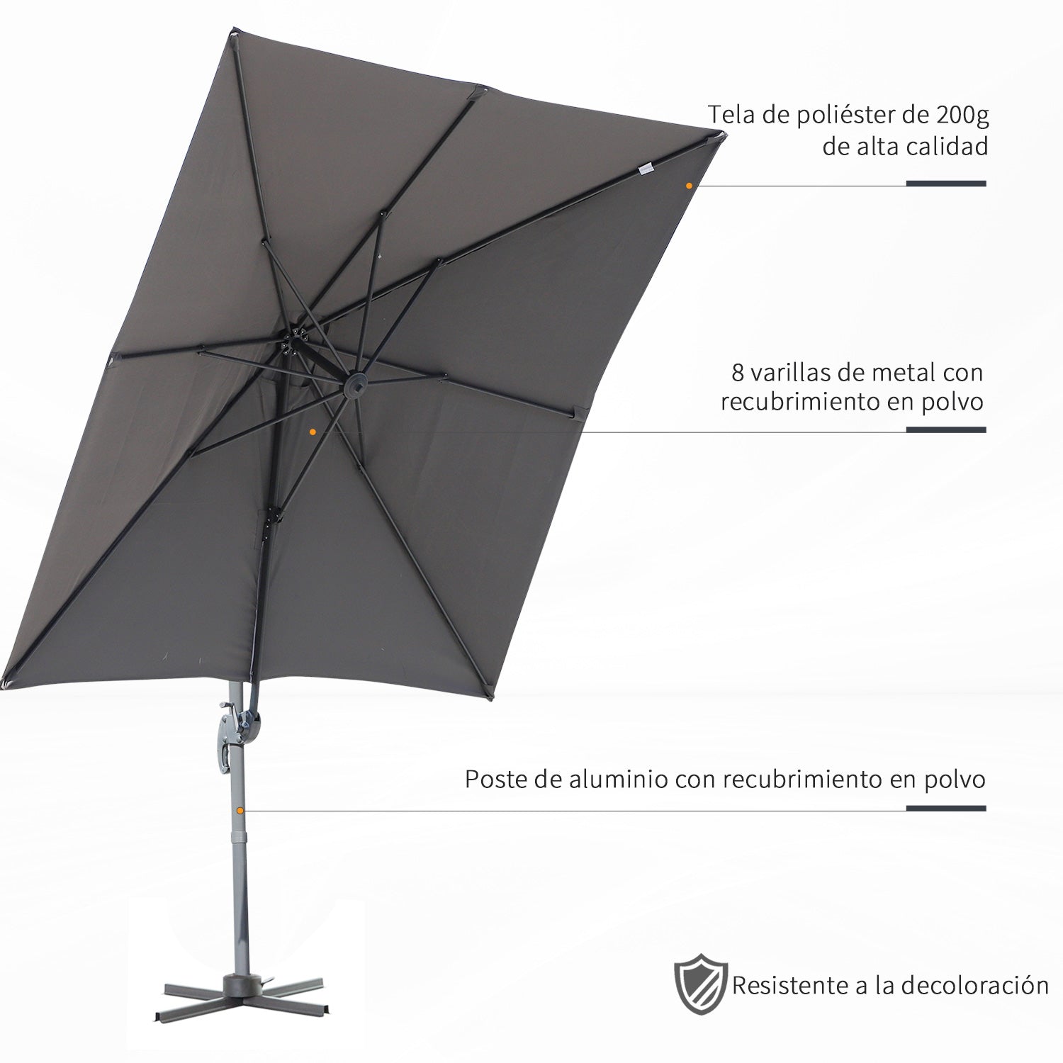 Outsunny Sombrilla Aluminio Jardín Con Rotación 360° Inclinable 5 Niveles Gris_5