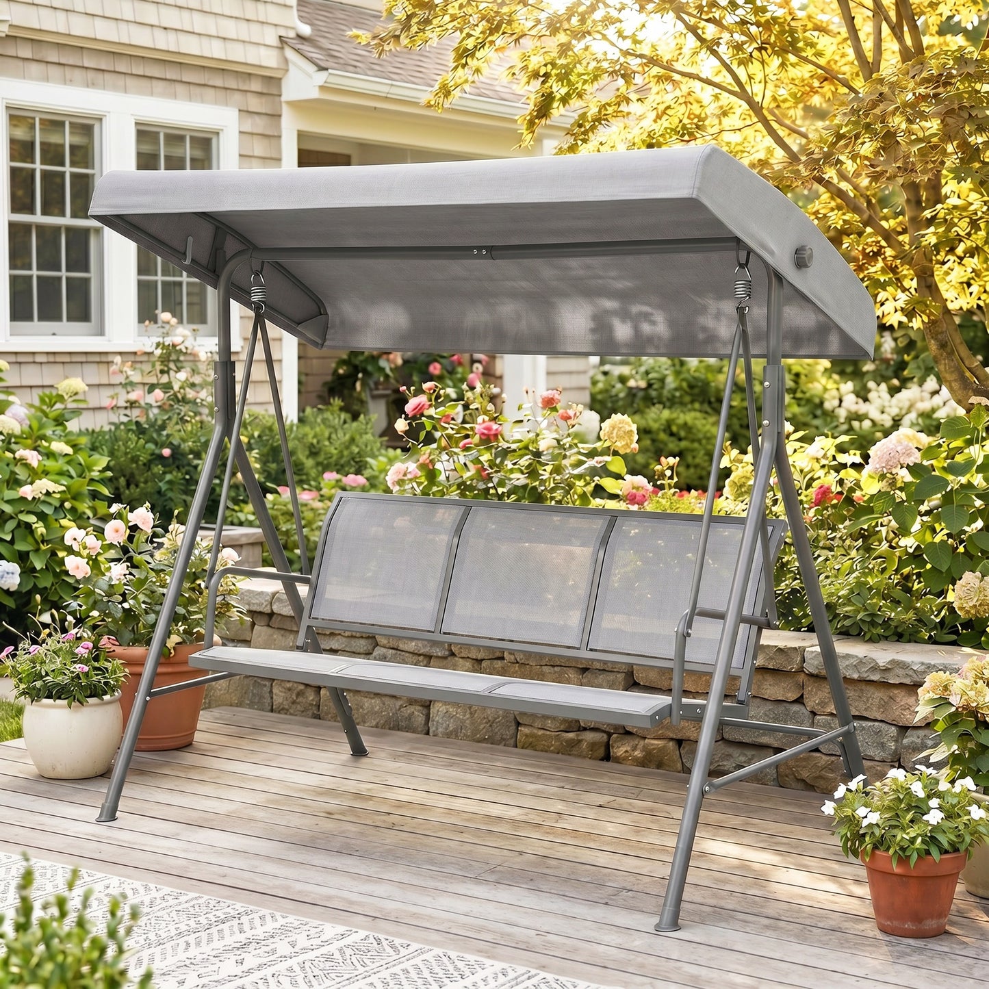 Outsunny Columpio Balancín De Jardín De 3 Plazas Con Techo Ajustable 175x118x159 Cm Gris_4