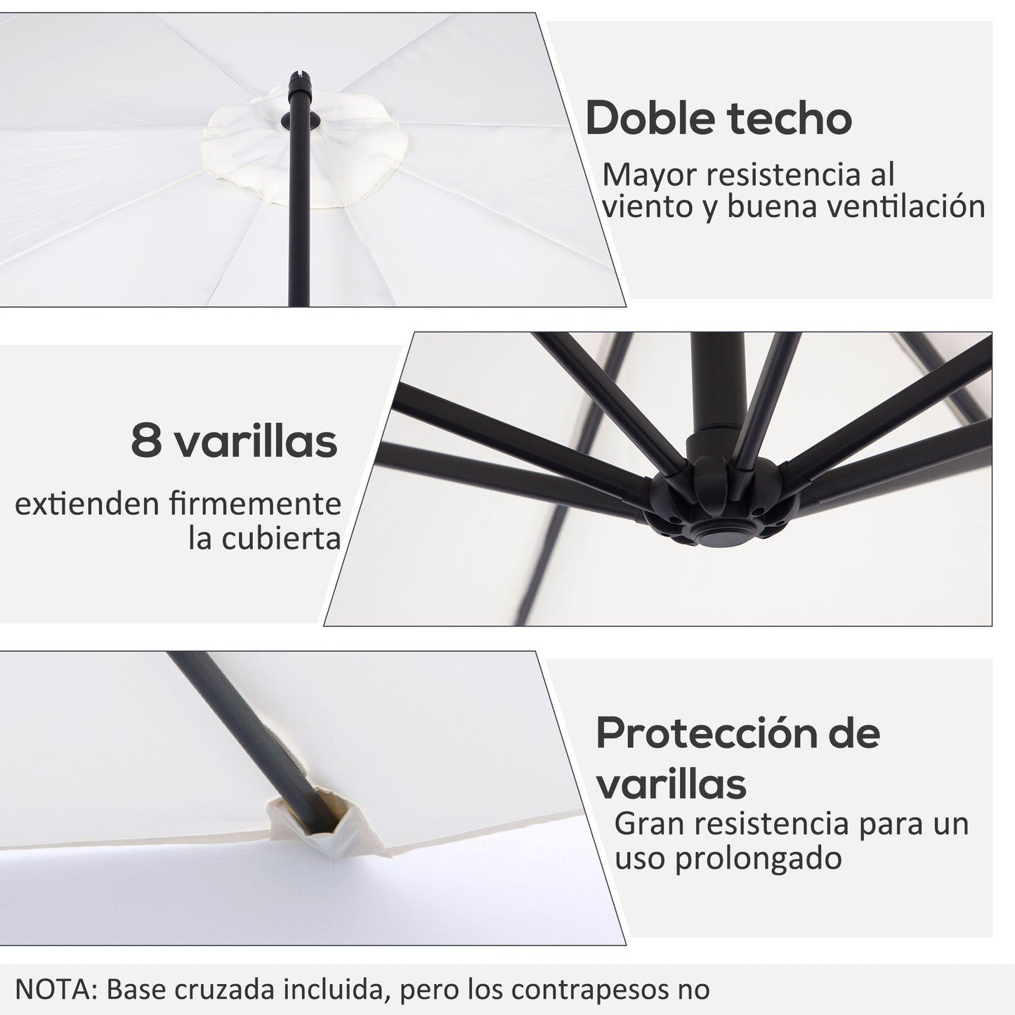 Outsunny Parasol Excéntrico Ø300 Cm Inclinable Con Manivela Para Jardín Crema_4