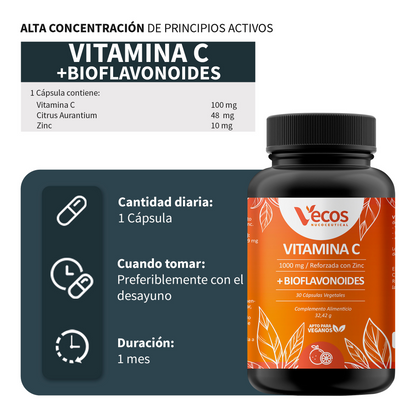 Vitamina C 1000 Mg + Zinc Vecos 30 Cápsulas | Defensas Y Sistema Inmune | Con Bioflavonoides_2