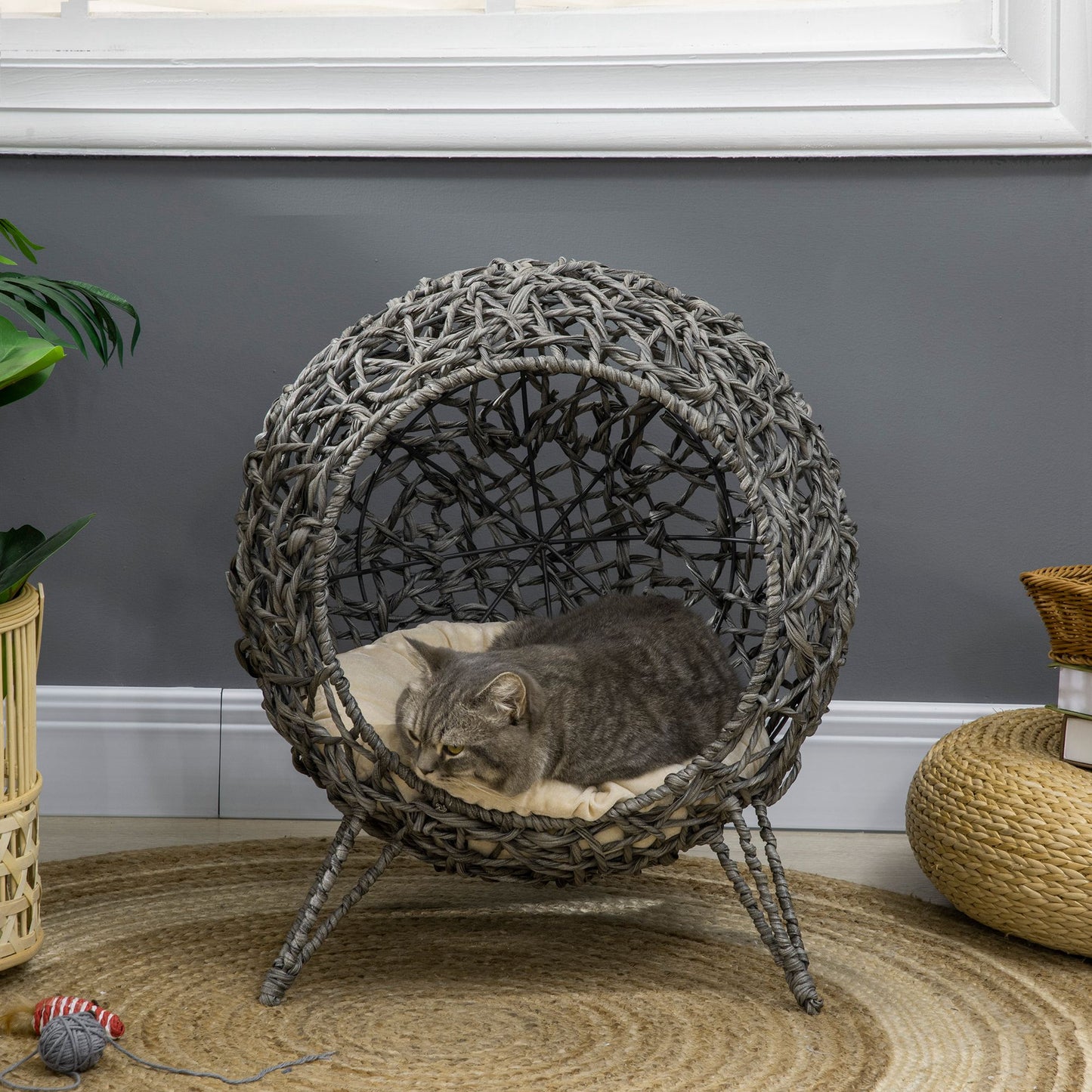 Pawhut Cueva De Ratán Con Cojín Para Gatos Base Elevada Con 3 Patas Φ52x58 Cm_1