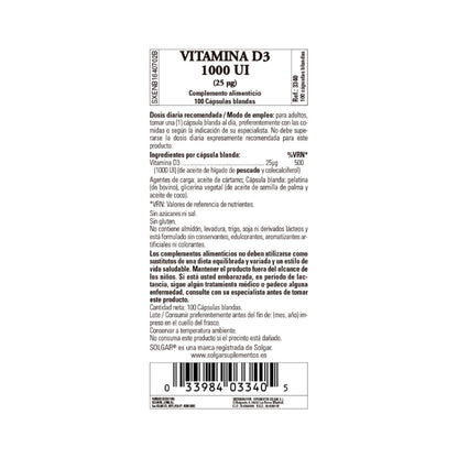 Vitamina D3 1000 IU, 100 perlas de 25μg