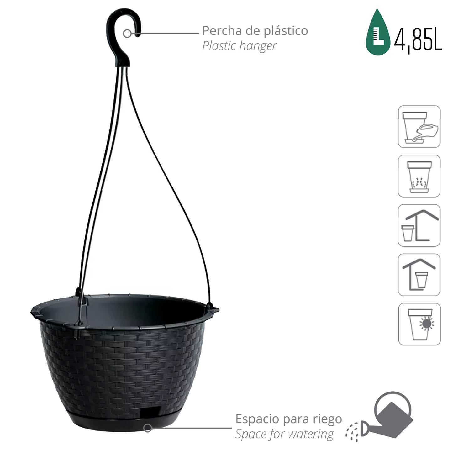 Macetero Colgante Ratolla Round W 4,85l., Dimensiones (mm) 243x243x160, Color Antracita_2