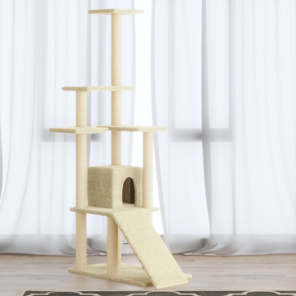Rascador Para Gatos Con Postes De Sisal Color Crema 155 Cm_1