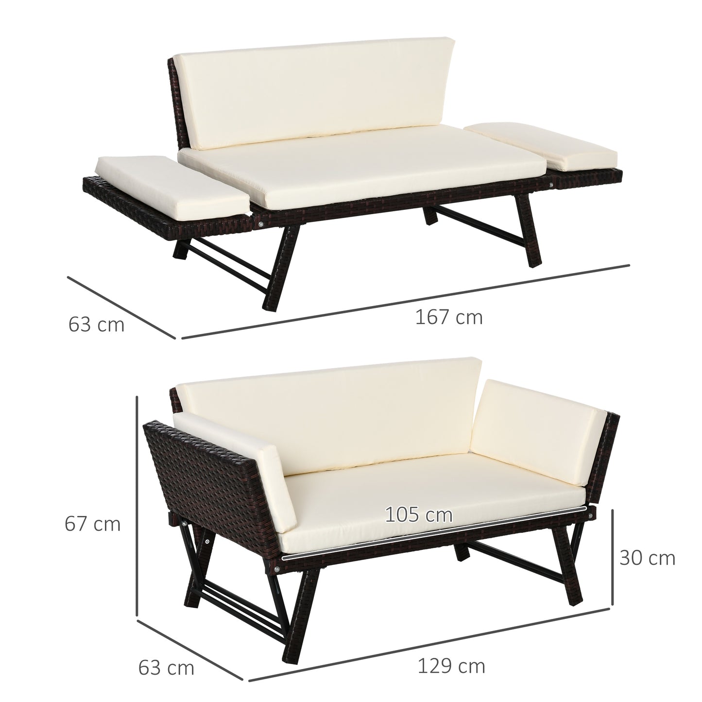Outsunny Sofá De Ratán 2 Plazas Convertible Cama Con Cojines Acolchados Beige_2