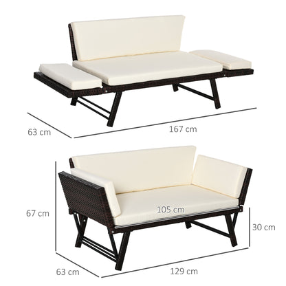 Outsunny Sofá De Ratán 2 Plazas Convertible Cama Con Cojines Acolchados Beige_2