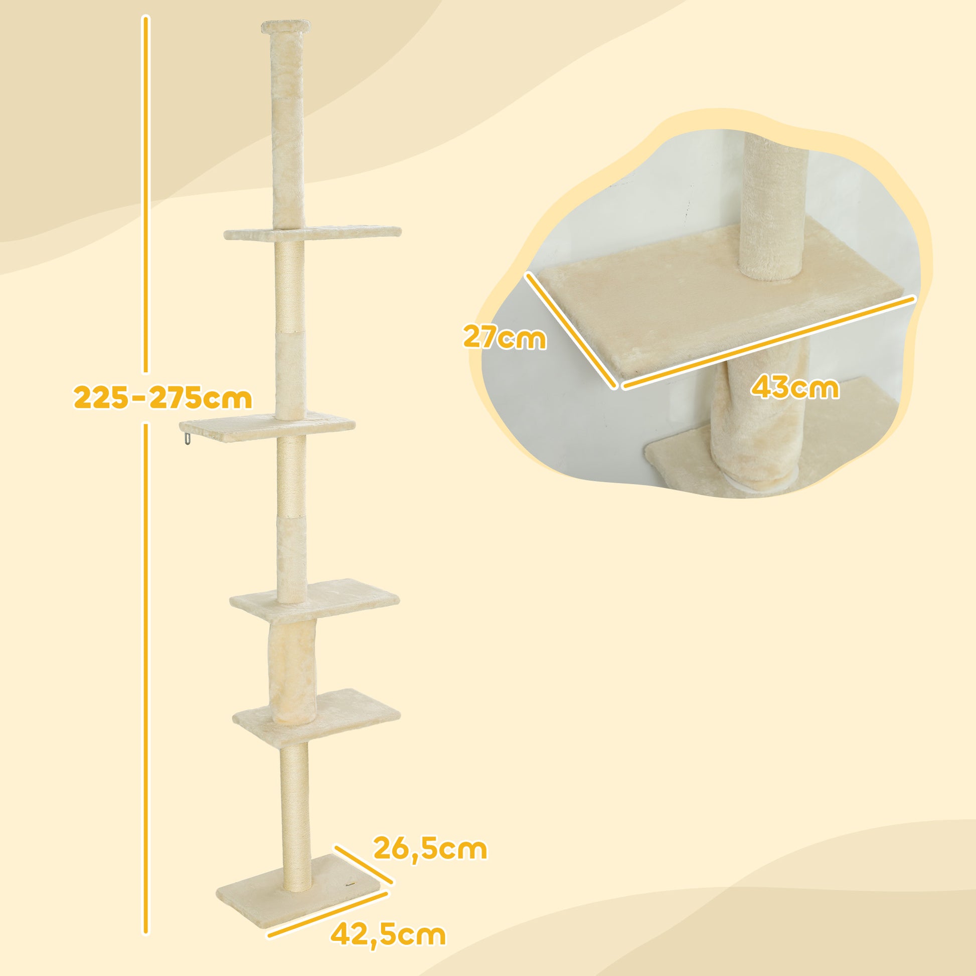 Pawhut Árbol Para Gatos De Suelo A Techo 225-275 Cm Con Plataformas Crema_2