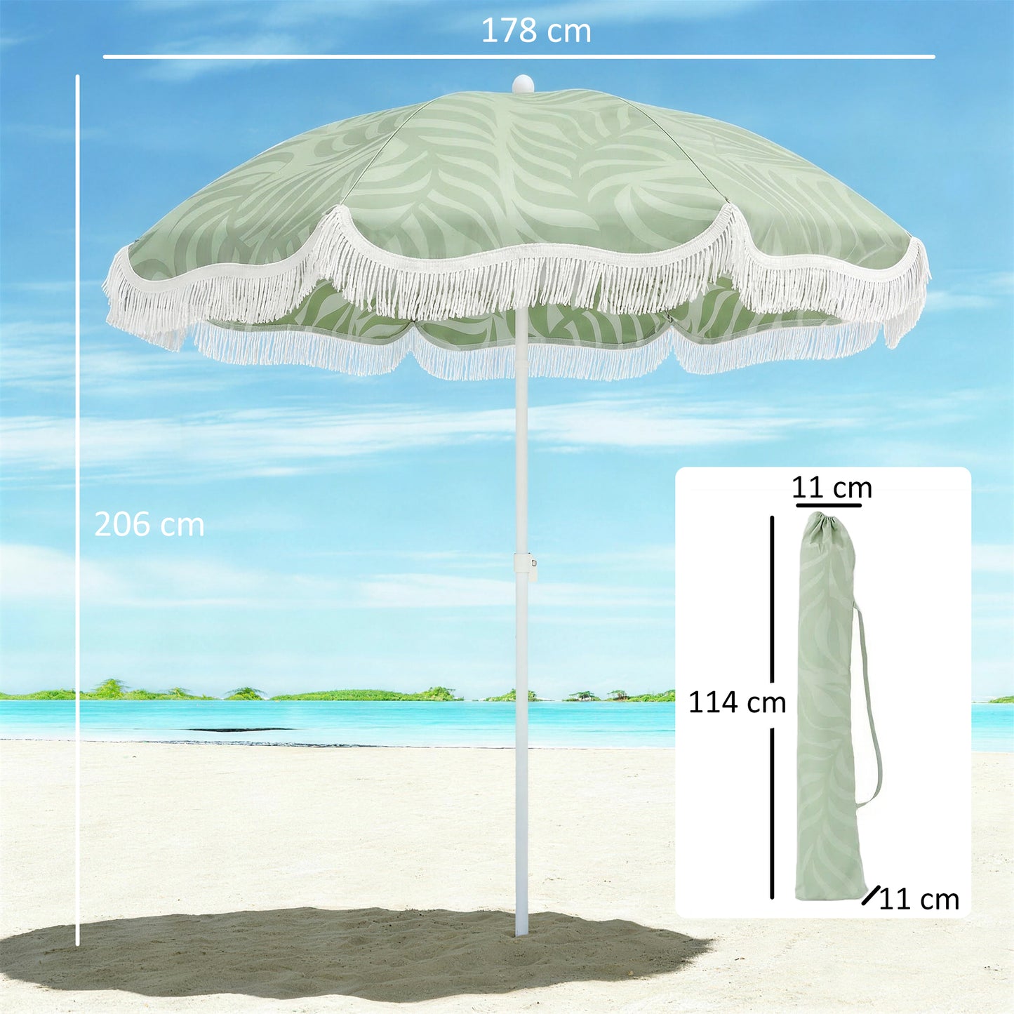 Outsunny Sombrilla De Playa Con Flecos Ø180cm Altura Ajustable Inclinación Verde_2