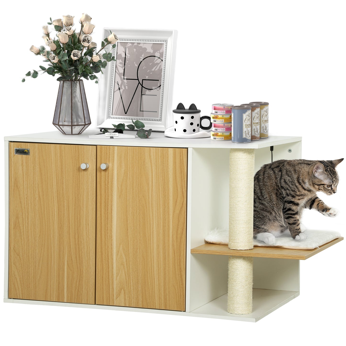 Pawhut Mueble Arenero Para Gatos 3 En 1 Con Puertas Centro De Juegos Blanco_0
