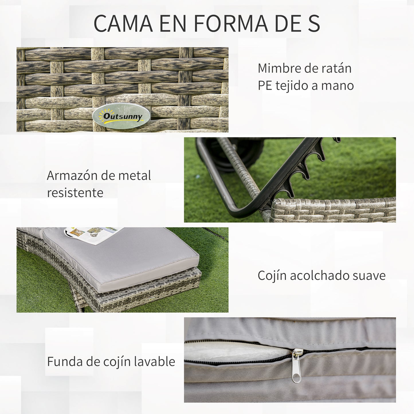 Outsunny Tumbona De Ratán Reclinable En Forma De S Con 2 Ruedas 207x70x70cm Gris_3