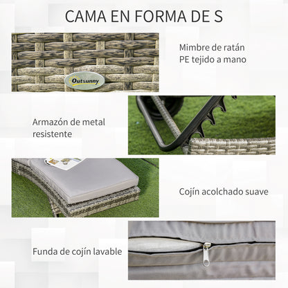 Outsunny Tumbona De Ratán Reclinable En Forma De S Con 2 Ruedas 207x70x70cm Gris_3