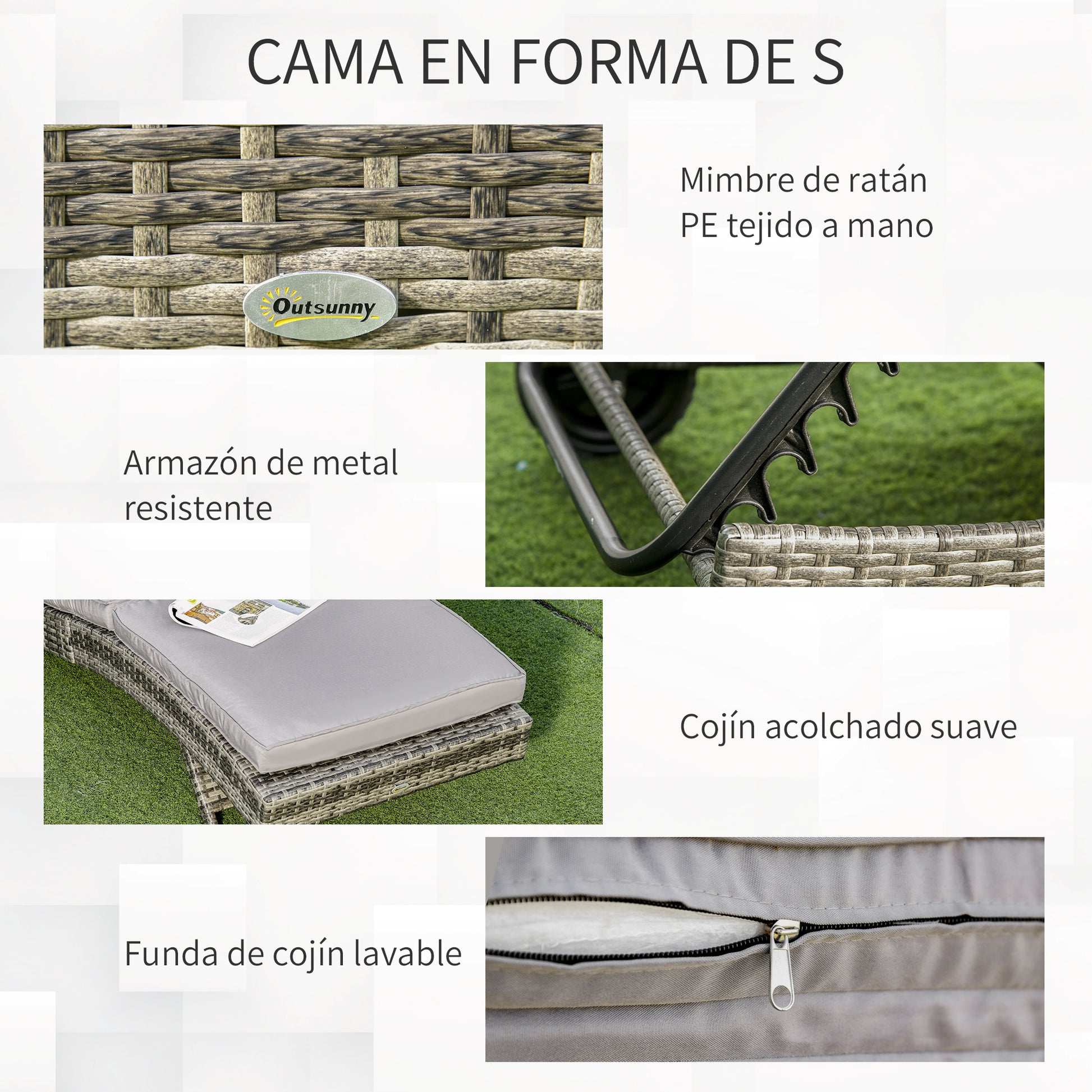 Outsunny Juego De 2 Tumbonas De Ratán Reclinable En Forma De S Con Ruedas_3