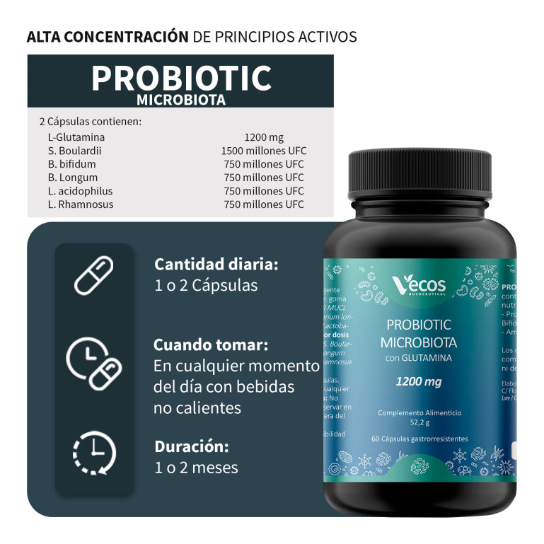 Probiotic Microflora y Glutamina VECOS (60 cápsulas) | Revestimiento intestinal | Glutamina 1200 mg | 5 cepas + Sin FOS_2