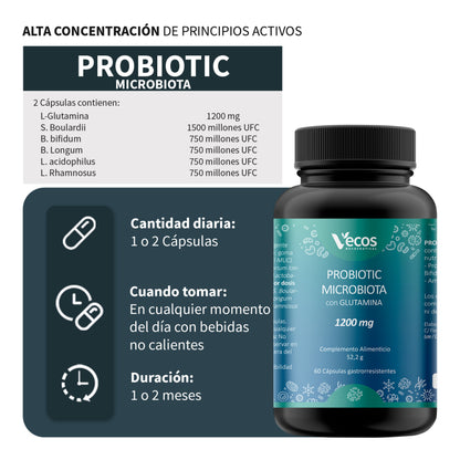Probiotic Microflora y Glutamina VECOS (60 cápsulas) | Revestimiento intestinal | Glutamina 1200 mg | 5 cepas + Sin FOS_2