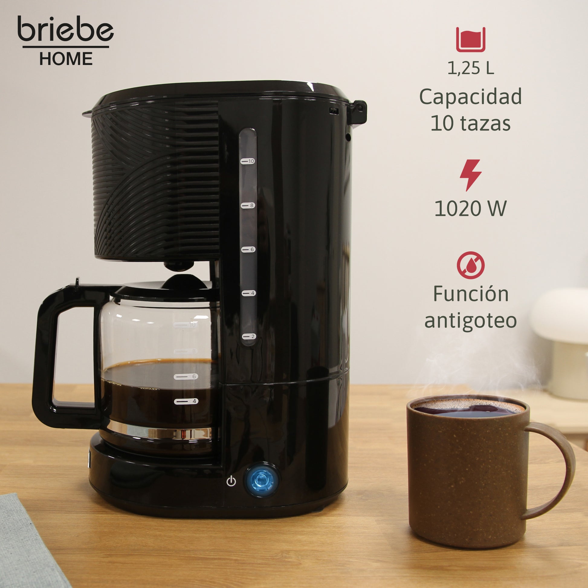 Briebe Cafetera Goteo 10 Tazas Máquina De Café Filtro Reutilizable, Función Mantener Caliente, 1,25 L, Cm1171blk, Negro_1