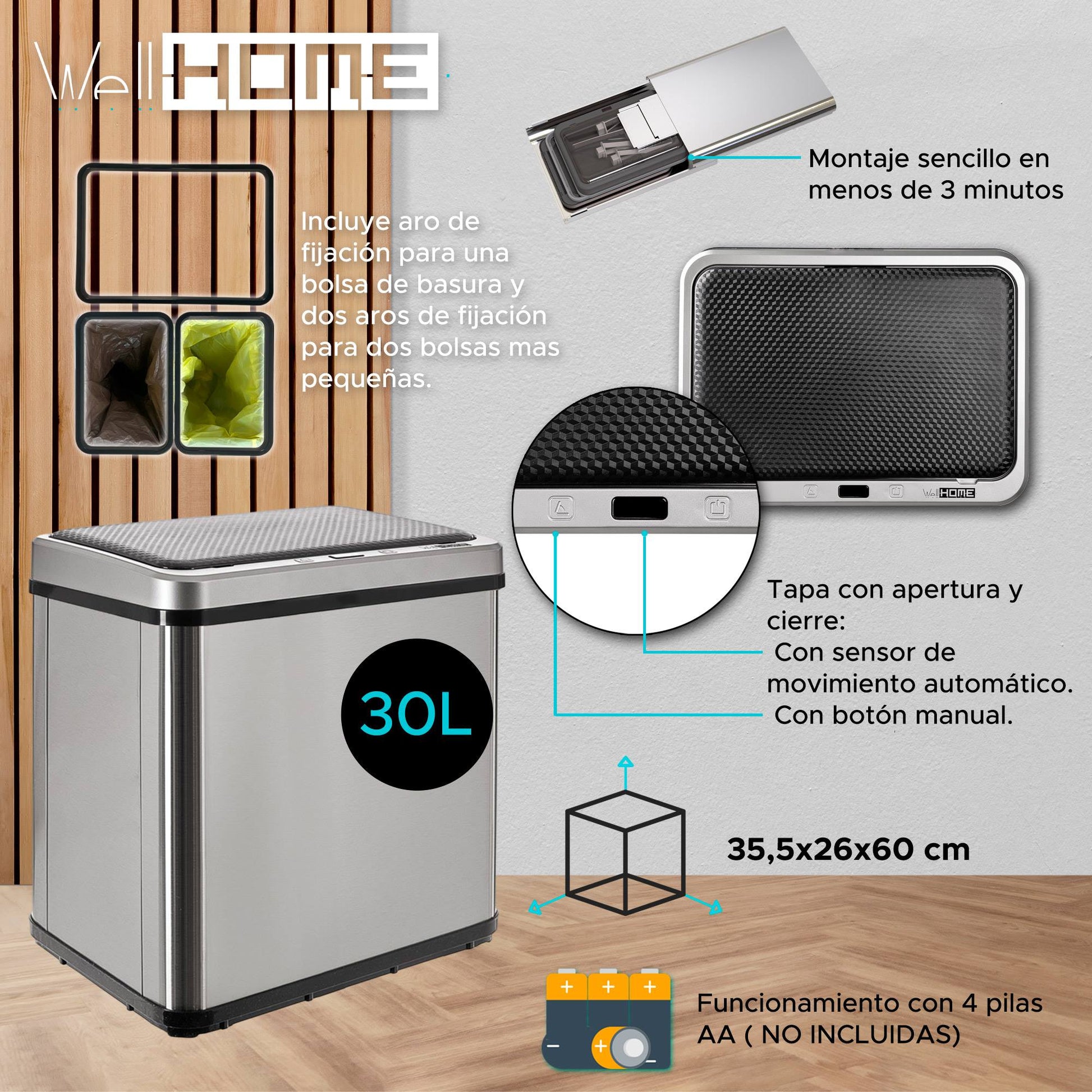 Cubo Reciclaje 15l+15l Sin Patas Apertura Auto Gris_1