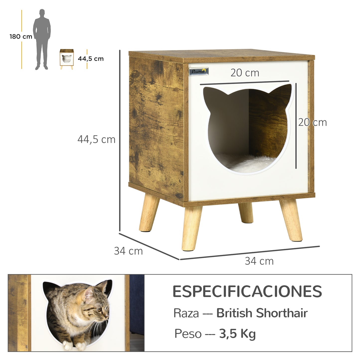 Pawhut Caseta De Madera Para Gatos Casa Para Gatos Interior Cuerva De Gatos Con Cojín Lavable Y Patas Elevadas 34x34x44_2
